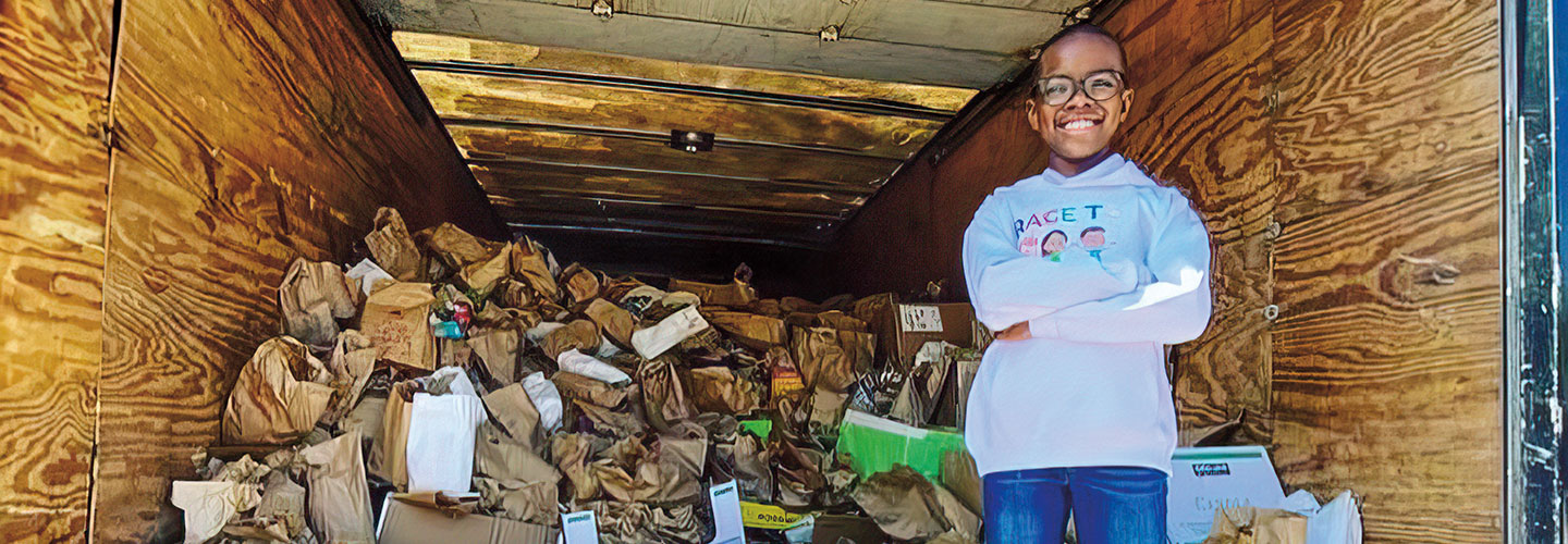 Kid smiling in front of bags that are to be donated