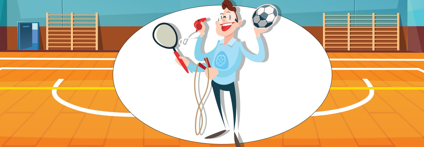 Illustration of a gym teacher juggling different sports gear with multiple hands