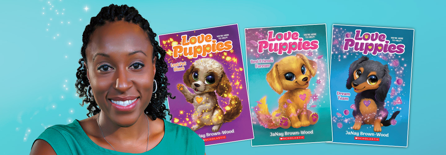 Image of an author with three of her published books from the "Love Puppies" series