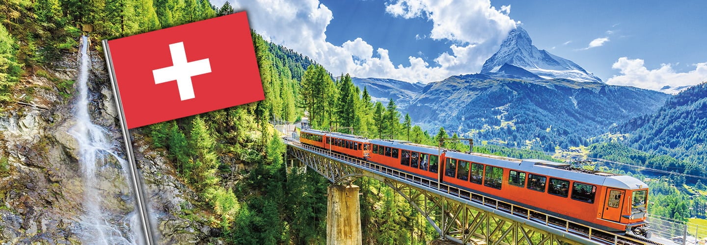 Scenic train ride in Switzerland among beautiful mountains and image of the Swiss flag