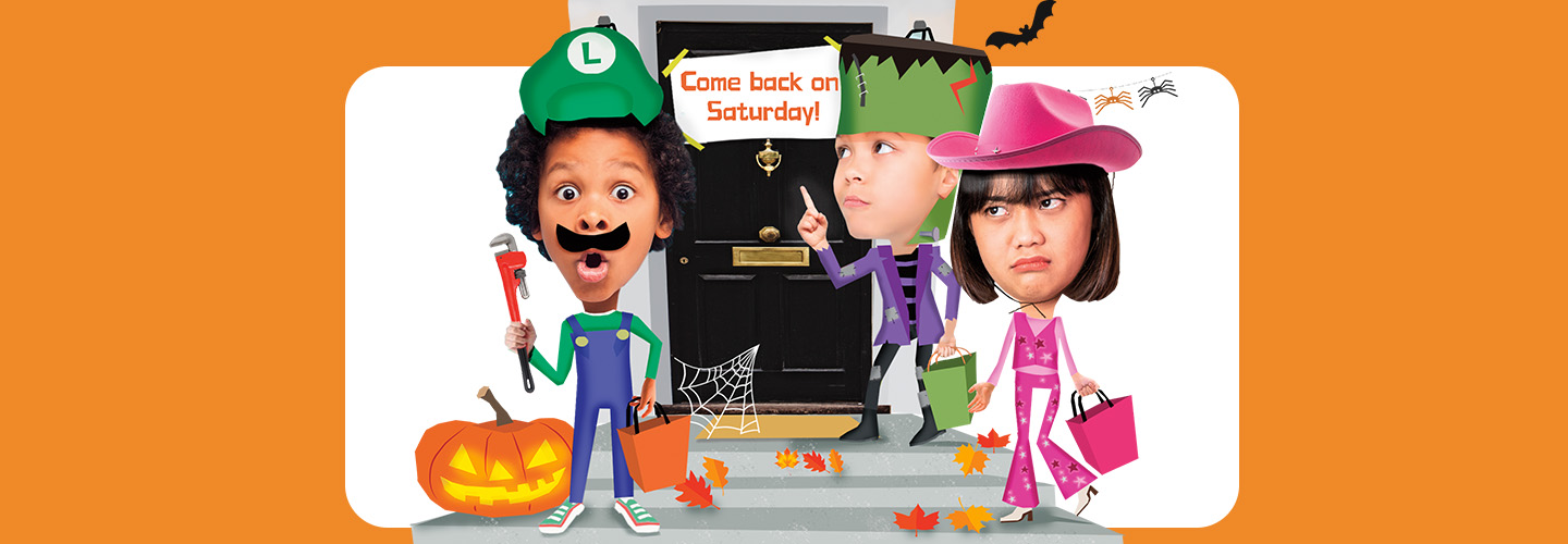 Image of kids dressed in Halloween Costumes and door they&apos;re knocking on says come back Saturday