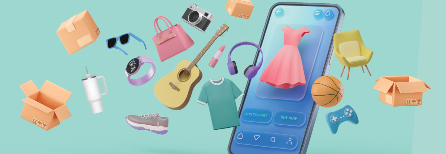 Image of a large phone surrounded by variety of items such as guitar, camera, shoes, sunglasses