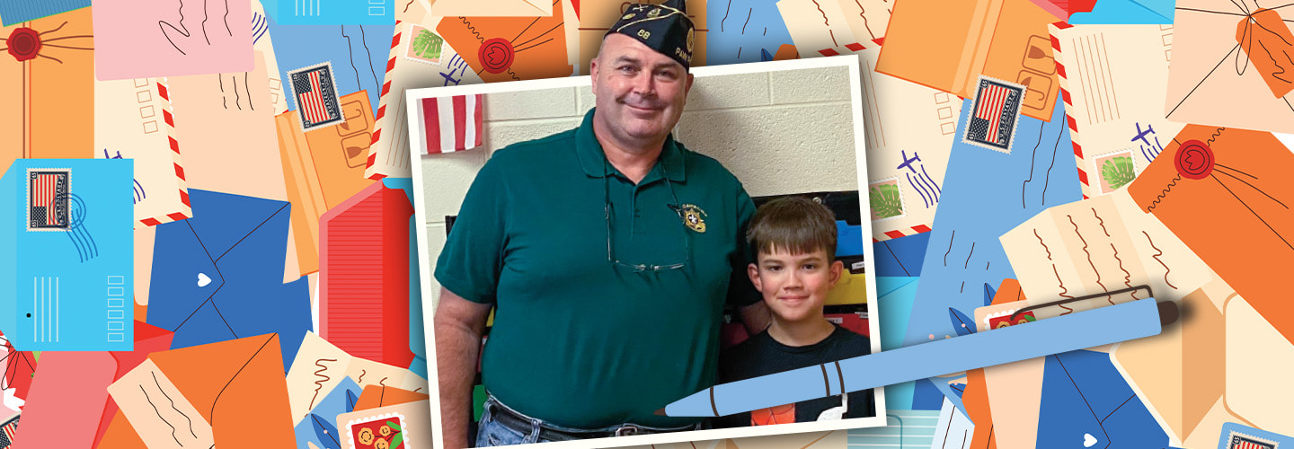 a young boy posing with a veteran