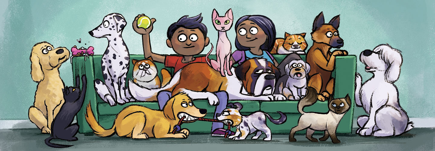 Illustration of siblings sitting on a couch with variety of animals