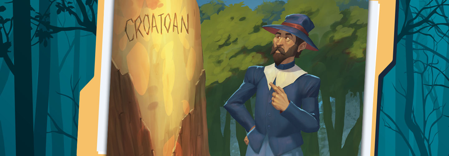 Illustration of a person reading the word &apos;Croatoan&apos; carved into tree
